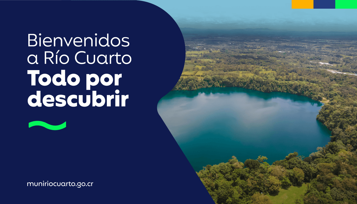 Vista aérea de la Laguna de Río Cuarto con el mensaje Bienvenidos a Río Cuarto, todo por descubrir